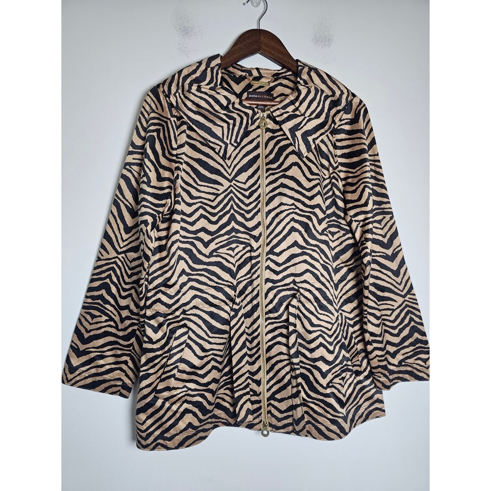Bold Zebra Dana Buchman Zip Front Jacket Womens Large Tan Black Animal Print